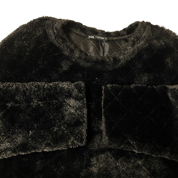 Zara Black Faux Fur Cropped Long Sleeve Top, Size M Women’s Quilted - Picture 4 of 6